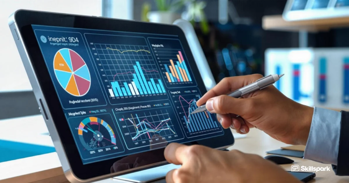 Accounting Analytics dashboard displayed on tablet with financial charts, graphs, and data insights being analyzed using a stylus in a modern workspace